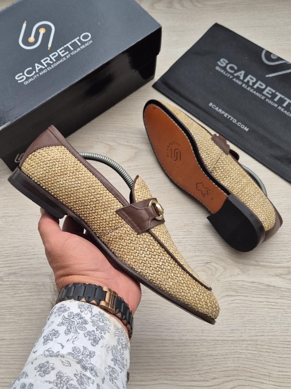 Woven Raffia Loafers with Leather Trim and Horsebit Detail